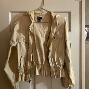 Anna Cai natural waste peplum 4 pocket jacket with draw string hood